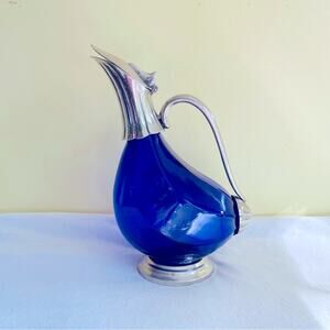 Vtg RCR Cobalt Blue Glass Decanter Pitcher Spout Bird Duck Italy Silver Plate